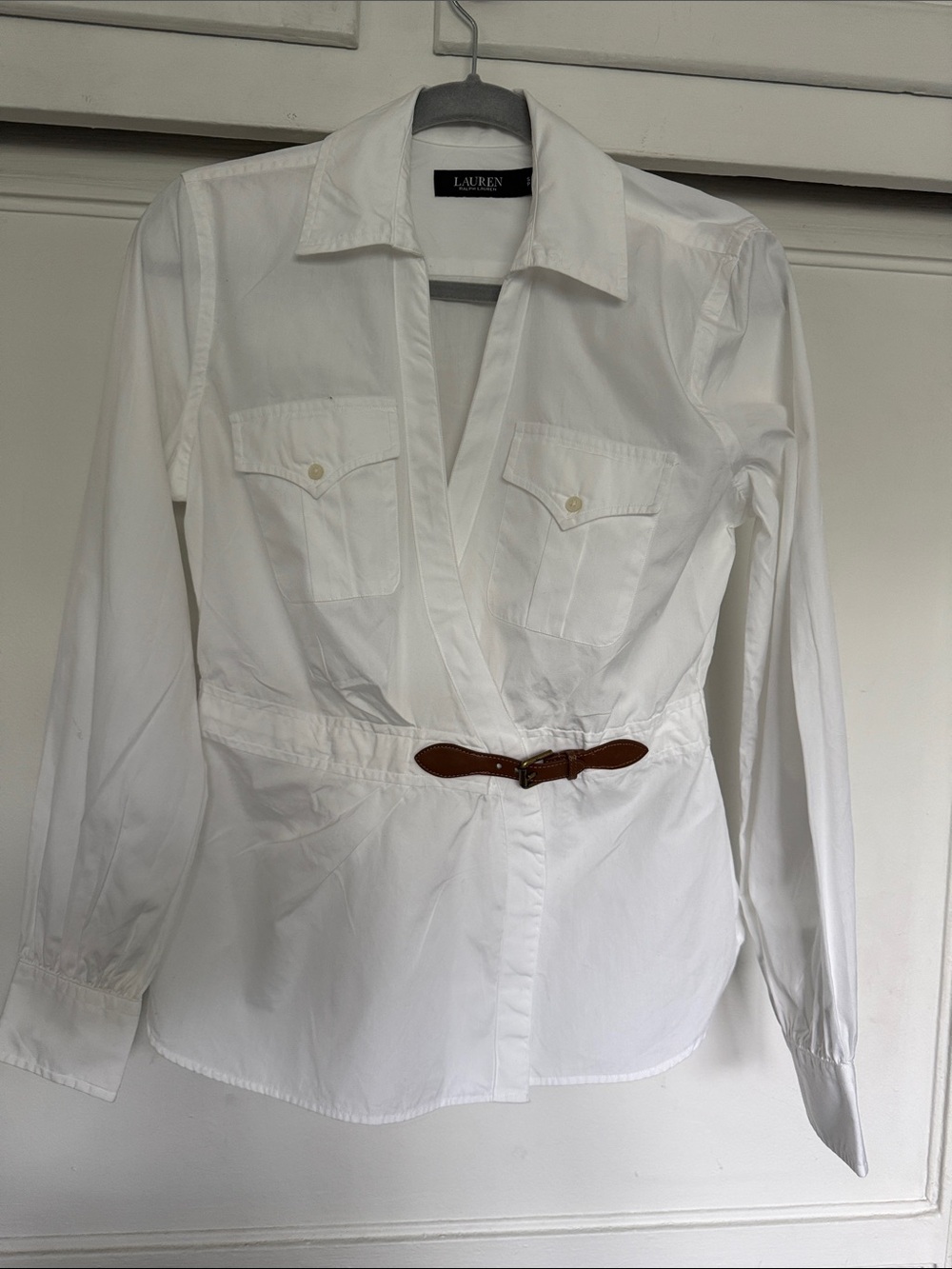 Lauren Ralph Lauren White Button-Down Shirt with Brown Belt Accent